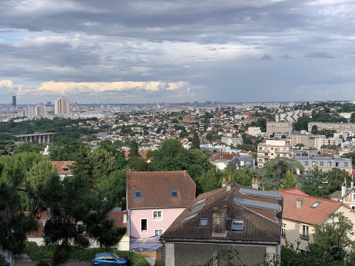 Toits de maisons du coteau au premier plan, dont une maison rose à deux fenêtres de toit et un toit de tuiles brunes percé de châssis, puis la ville en contrebas et Paris à l'horizon.